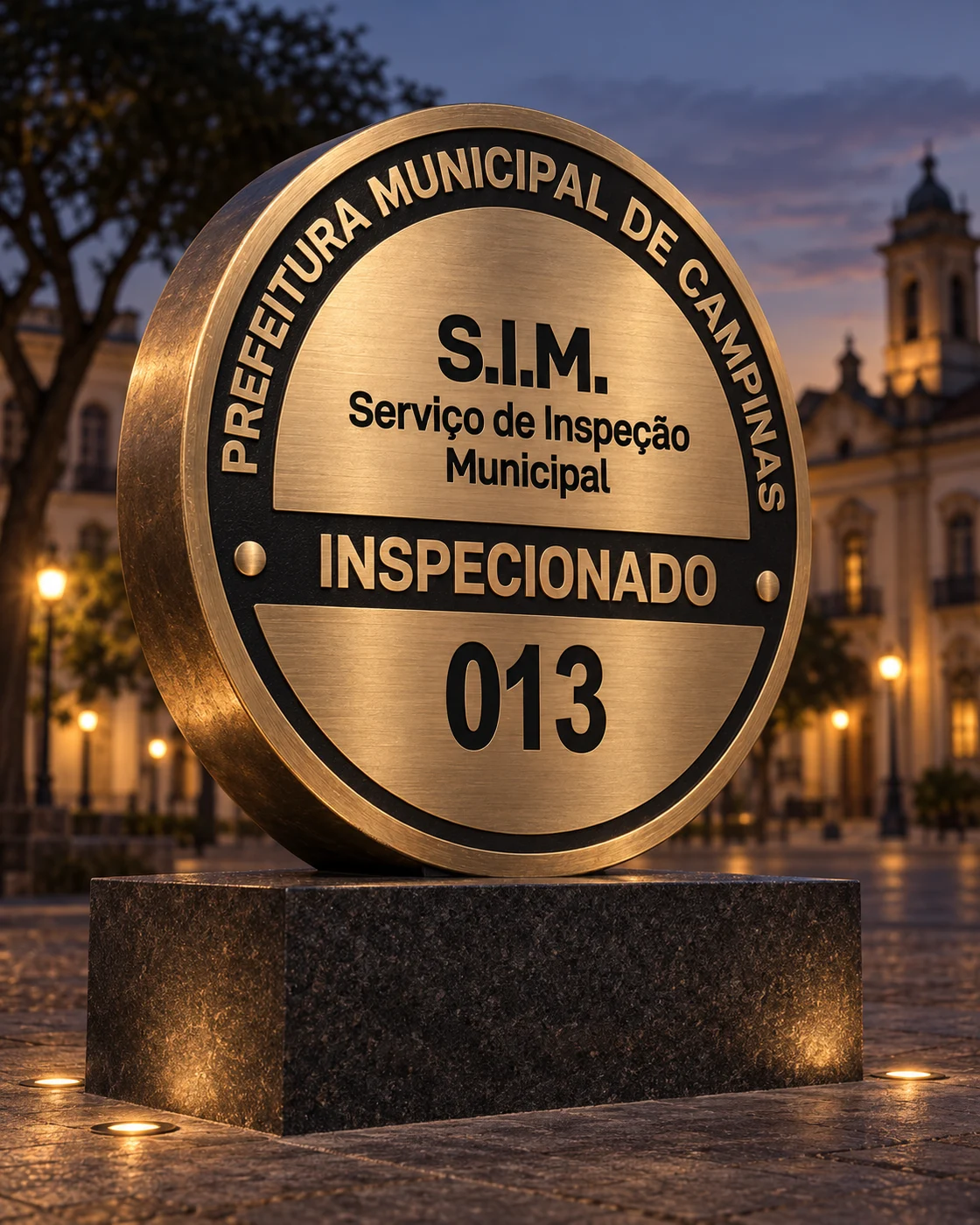 Conceito artístico do selo SIM 013 como monumento em bronze sobre base de granito, visto em perspectiva em uma praça ao entardecer.